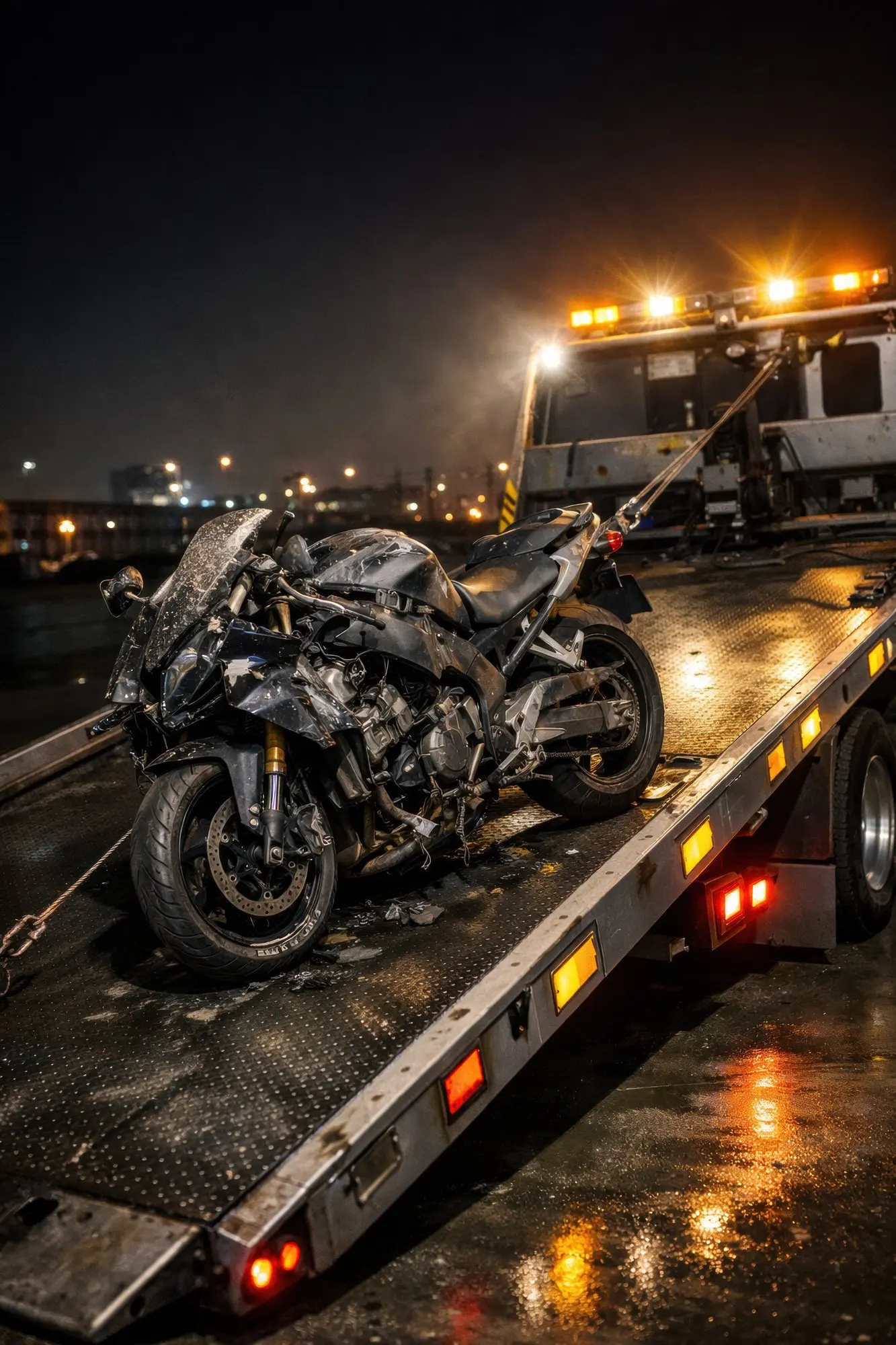 Motocykl zabezpieczony na platformie lawety podczas nocnego transportu