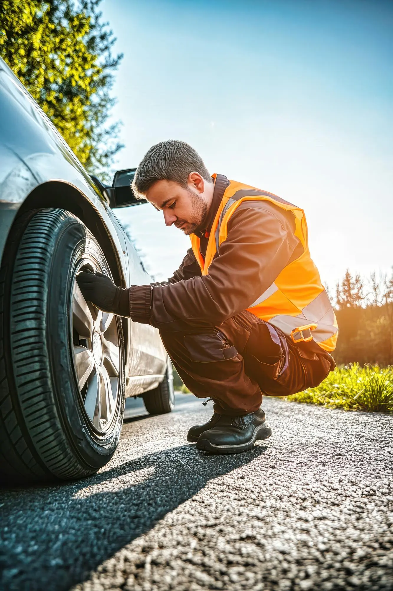 Mechanik pomocy drogowej wymienia koło w samochodzie zatrzymanym przy drodze